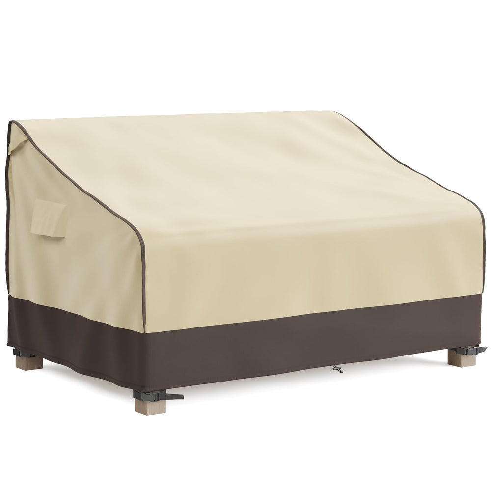 MR. COVER front view on two-seater patio sofa protecting cushions