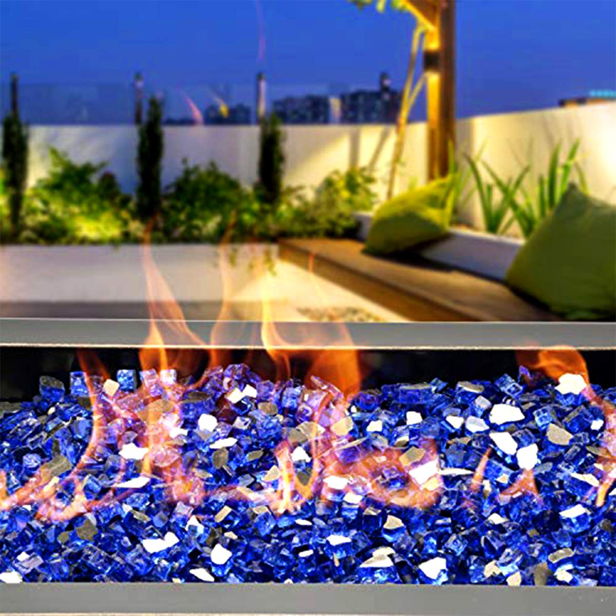 mr. fireglass in decorative vase adding color and reflective sheen