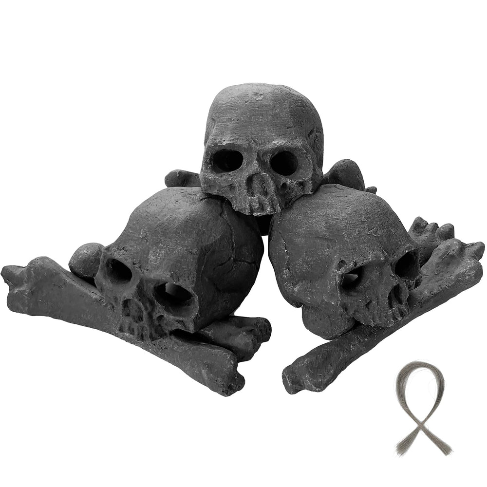 MrGas Log front view showing three skulls and six bones, dramatic centerpiece