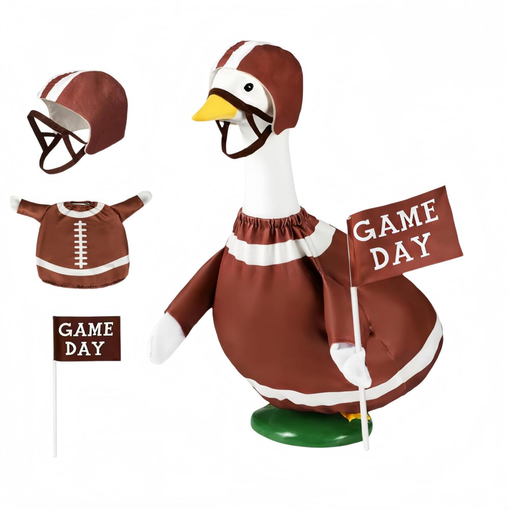 Mtsebmves front view of dressed porch goose showing spirited team colors and charm