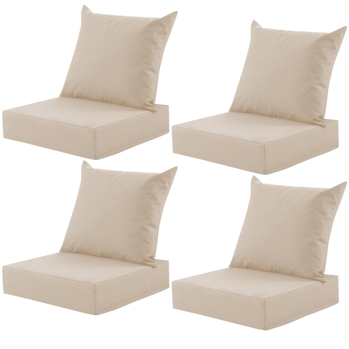 MuaMelop front view of four beige cushion sets showing coordinated patio styling and uniform fit