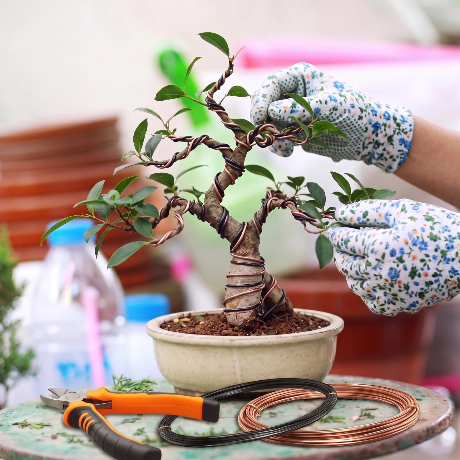 Mudder wire in use wrapping a bonsai branch to demonstrate controlled shaping benefits