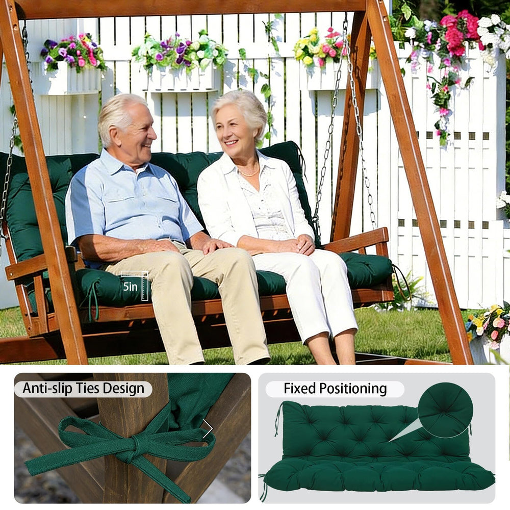 MVRFN cushion installed on a porch swing in use, provides plush outdoor seating