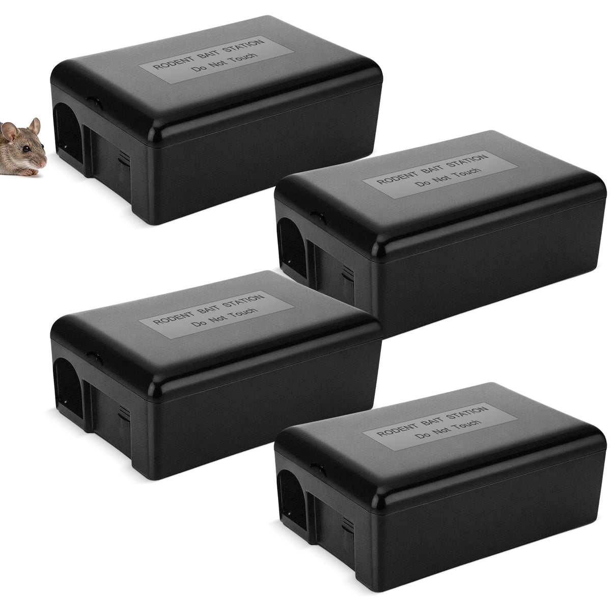 Mysora front view of four-pack bait stations showing secure organized storage and easy deployment