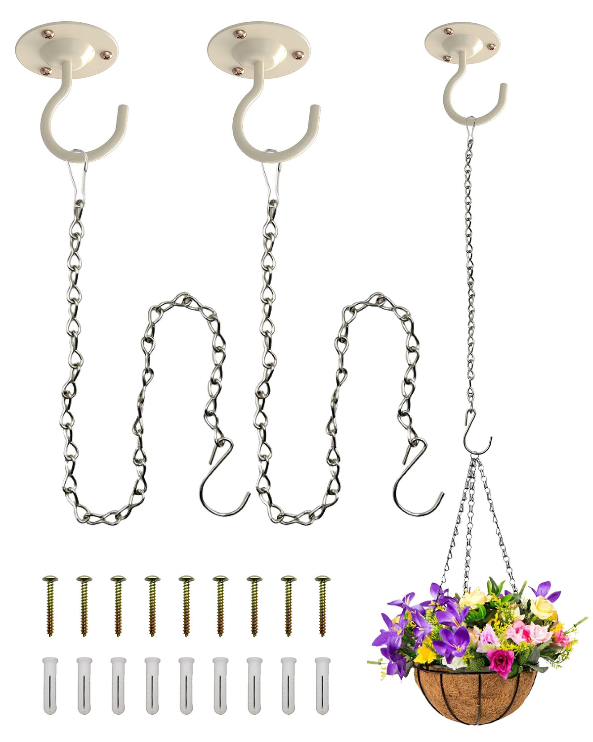 NACETURE front pack showing three white ceiling hooks and chains, durable storage