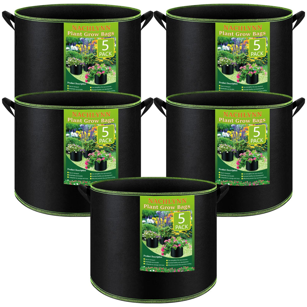 NACHLYNN front view of five-pack grow bags showing durable material and handles for easy gardening