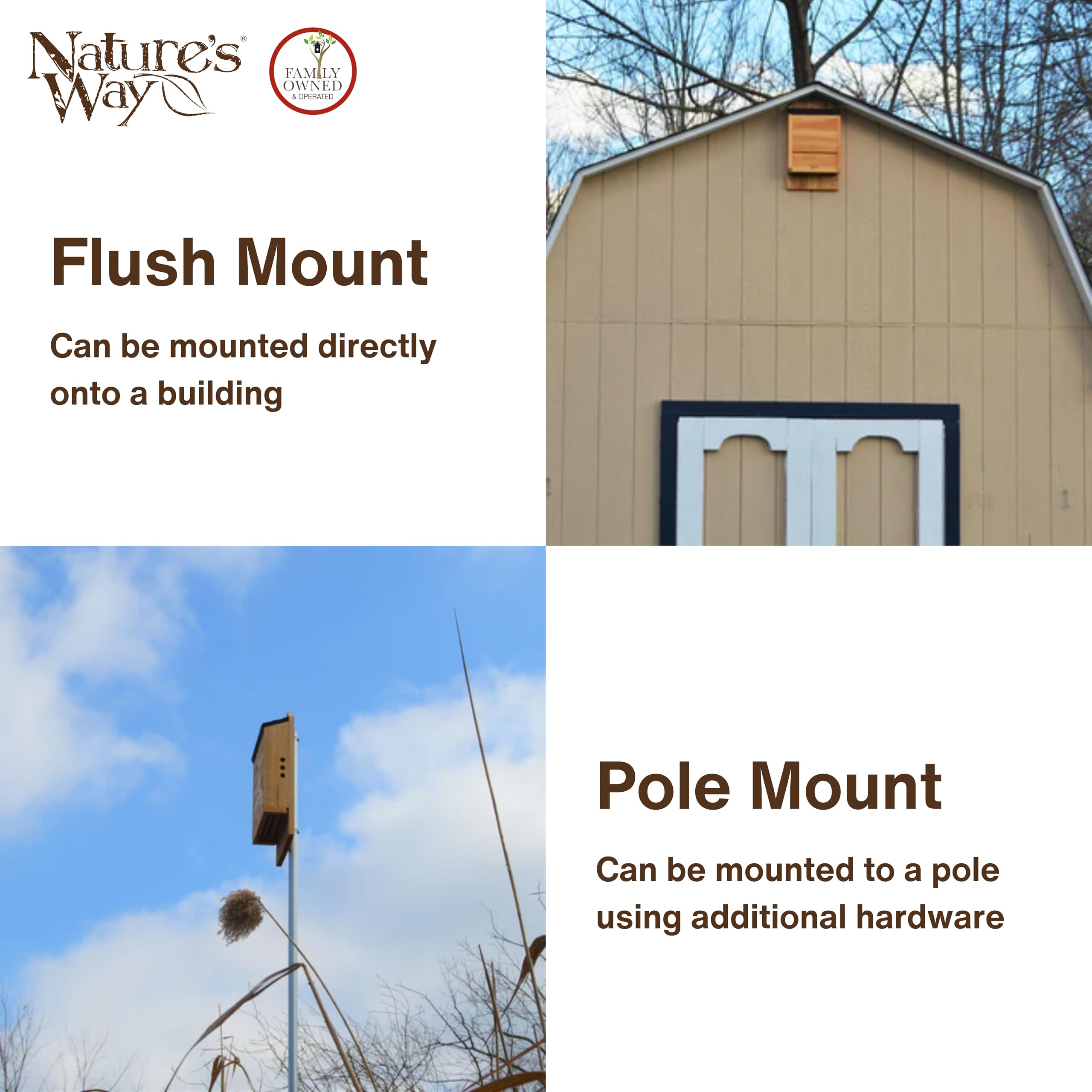 Nature's Way bat house mounted on pole near trees encouraging occupancy