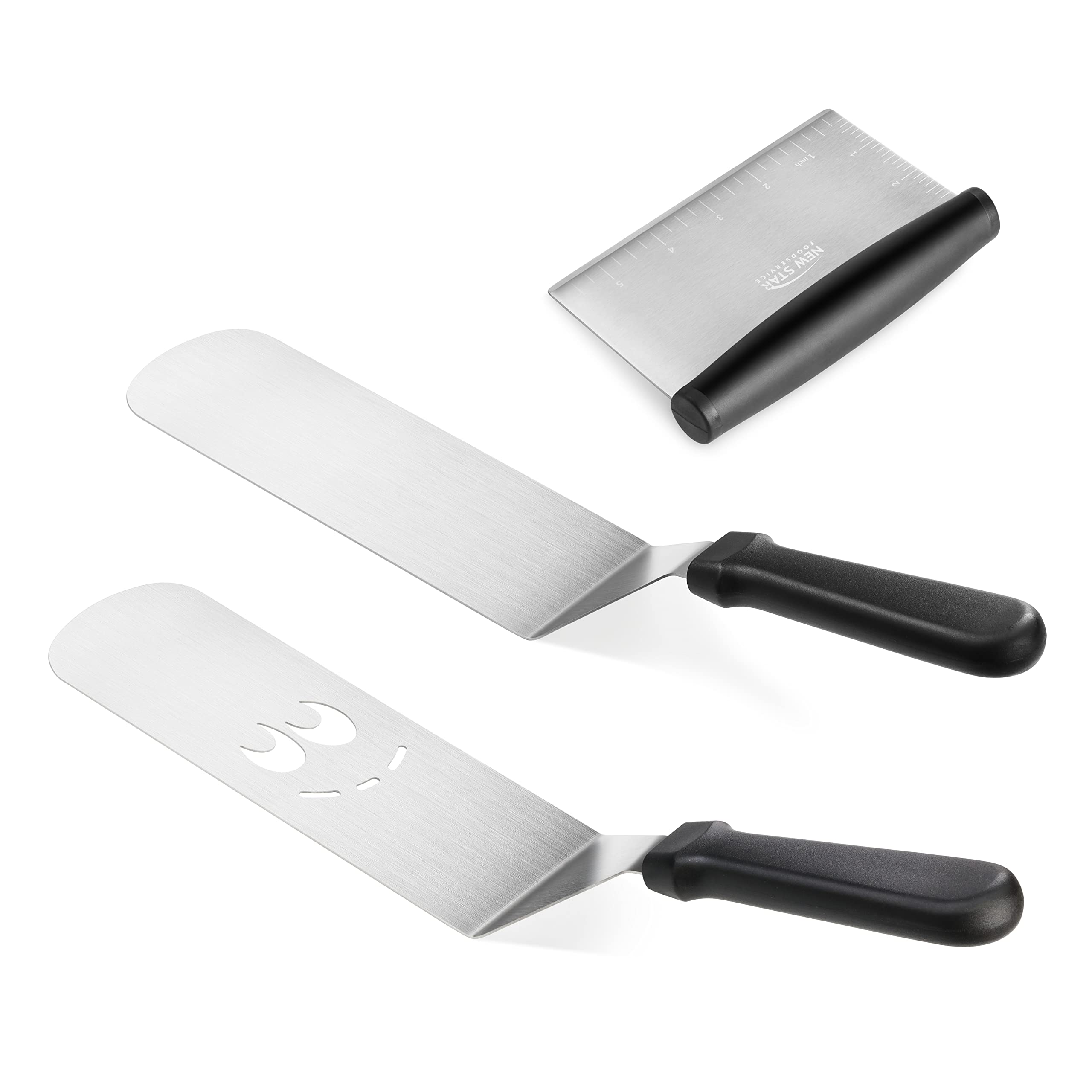 New Star Foodservice close-up of slotted turner blade, drains excess oil cleanly