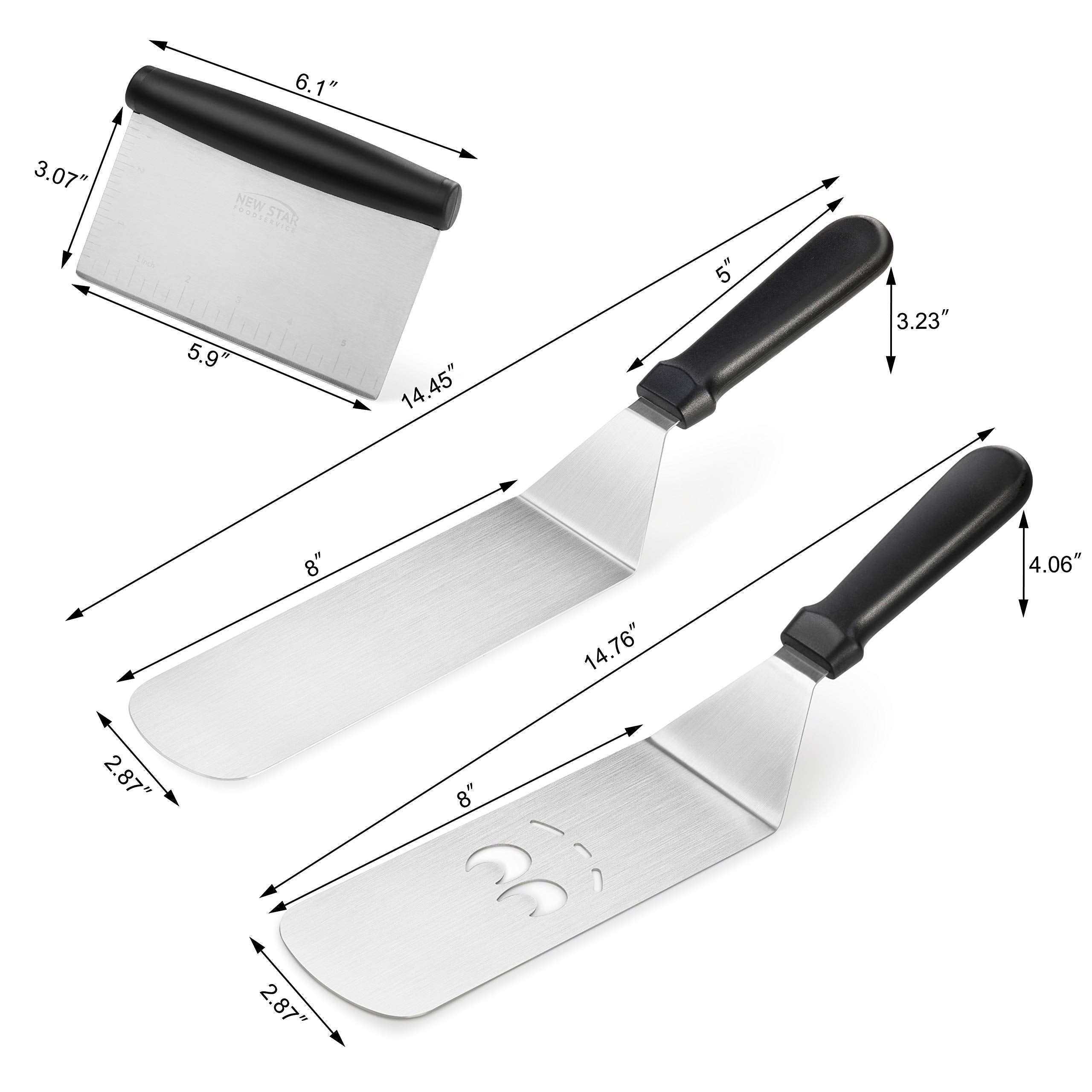 New Star Foodservice solid turner lifting burger on grill, stable flipping benefit