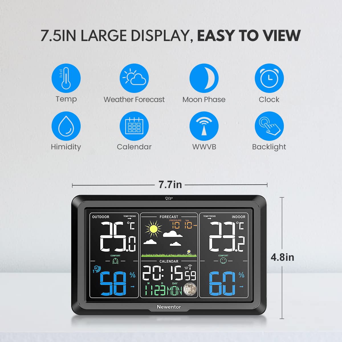 Newentor weather station on kitchen counter, brand provides quick home climate info