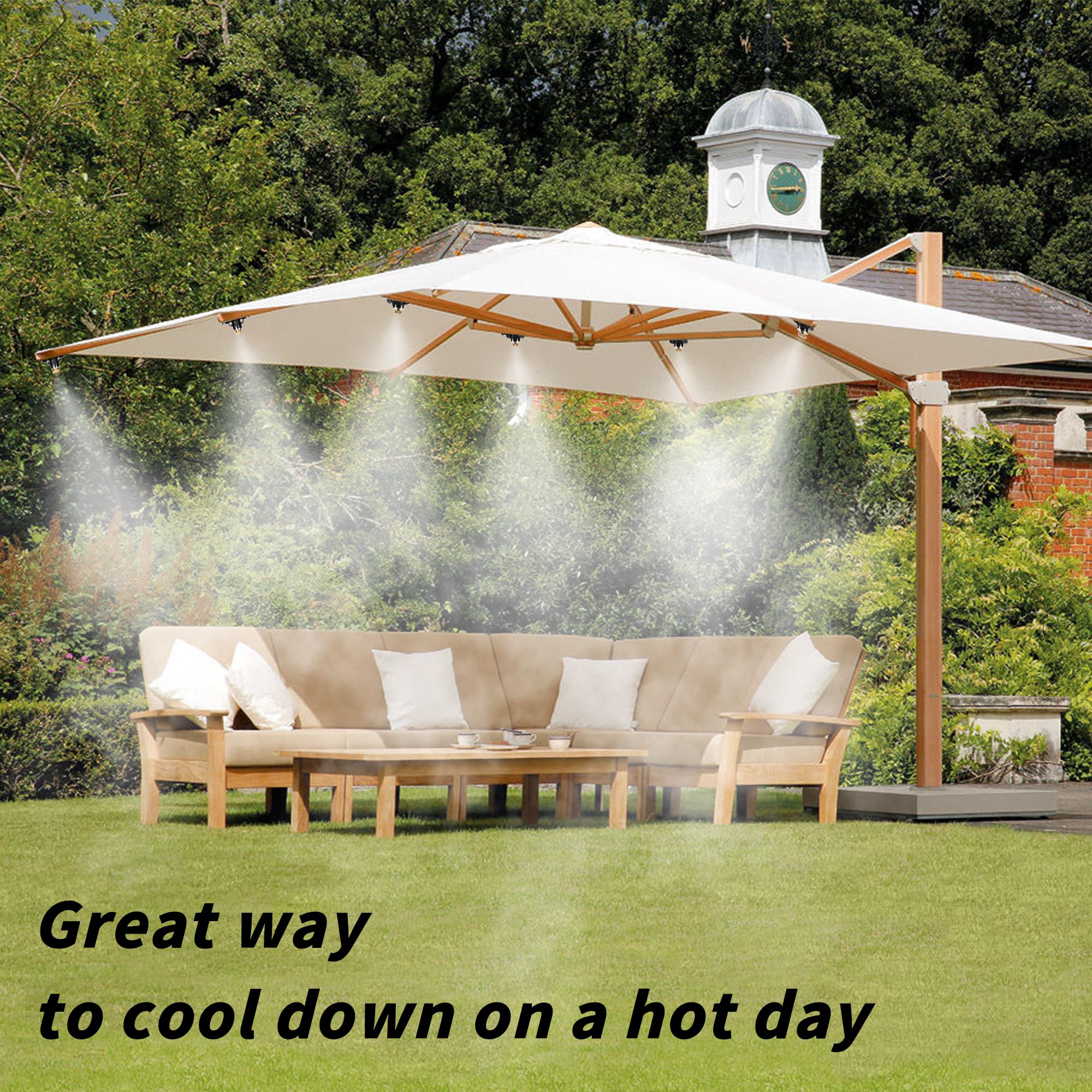 NFAMRZCAR misting fog over patio illustrating cooling effect and pleasant outdoor ambiance