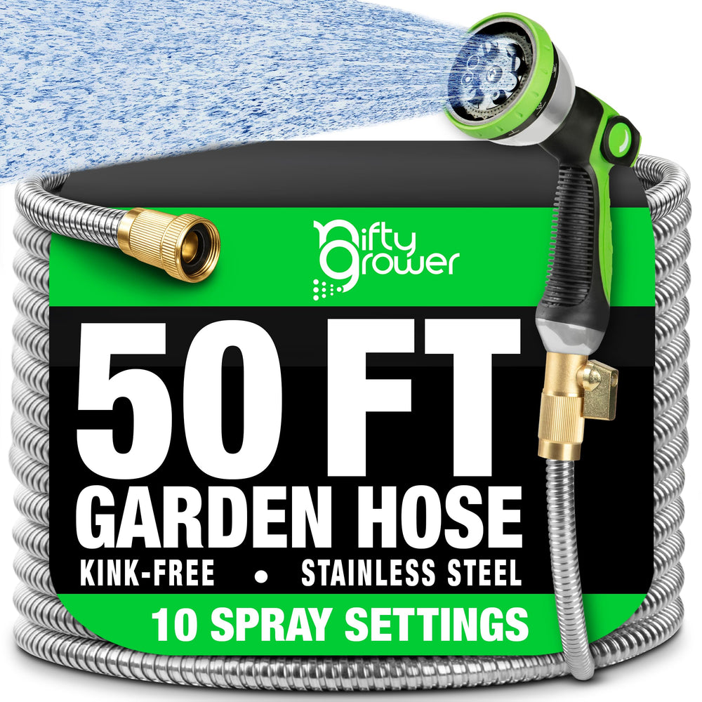 Nifty Grower front view of 50ft hose showing durable design and length benefit