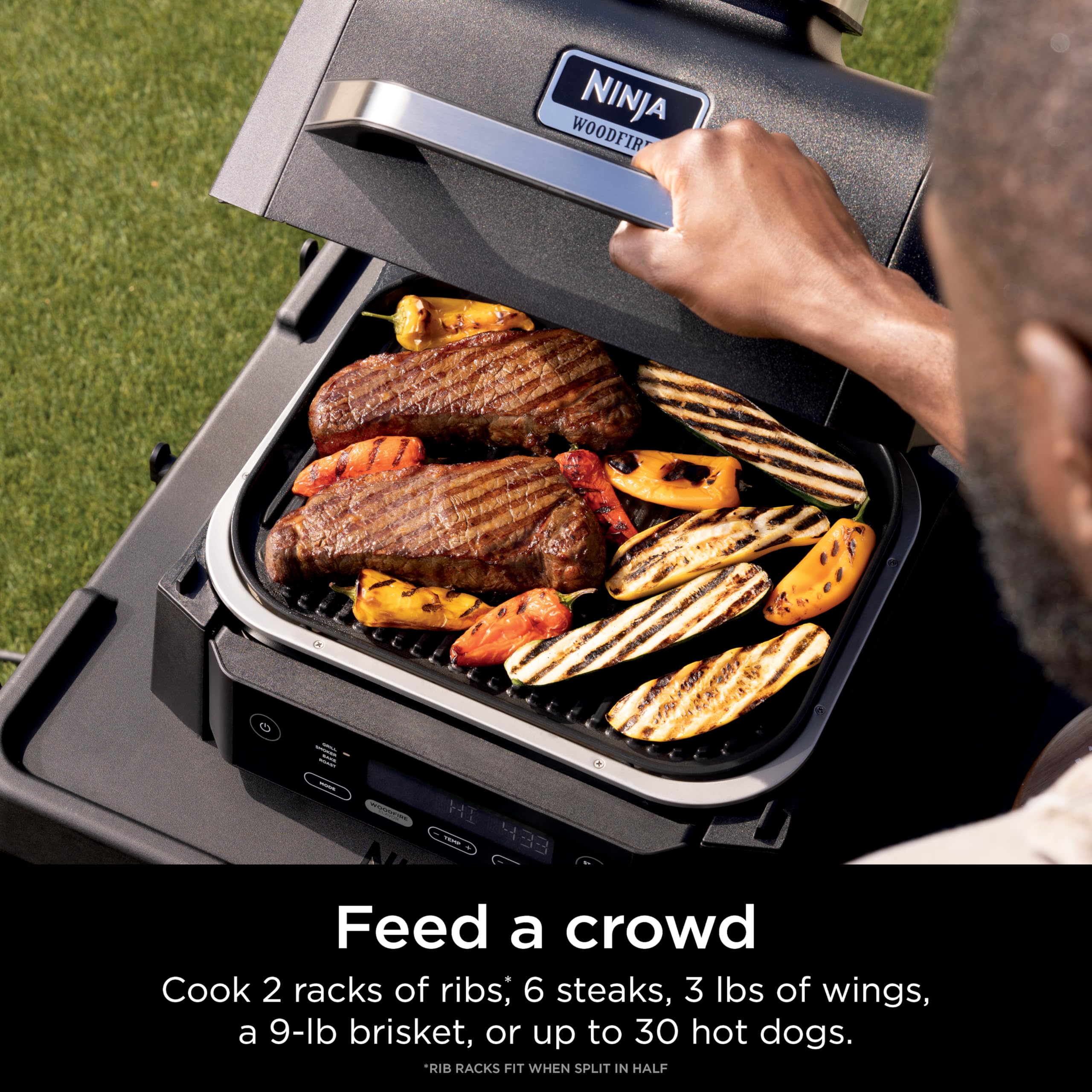 Ninja woodfire baking rack with roast showing oven-style roasting outdoors