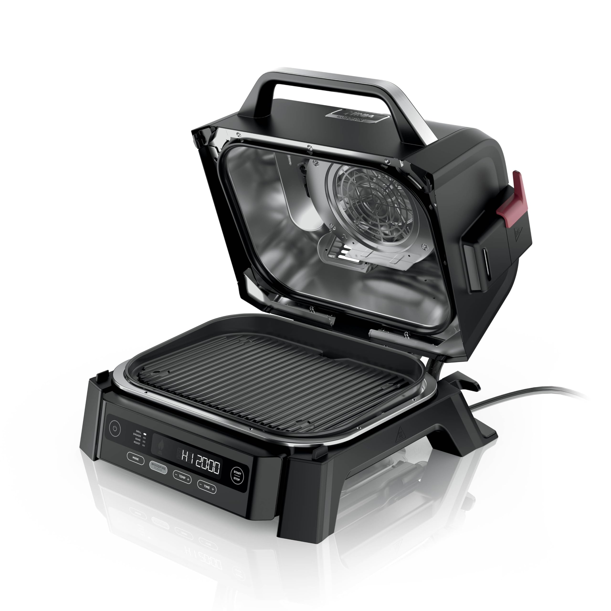 Ninja woodfire front view showing compact outdoor grill and smoker, ideal for patios
