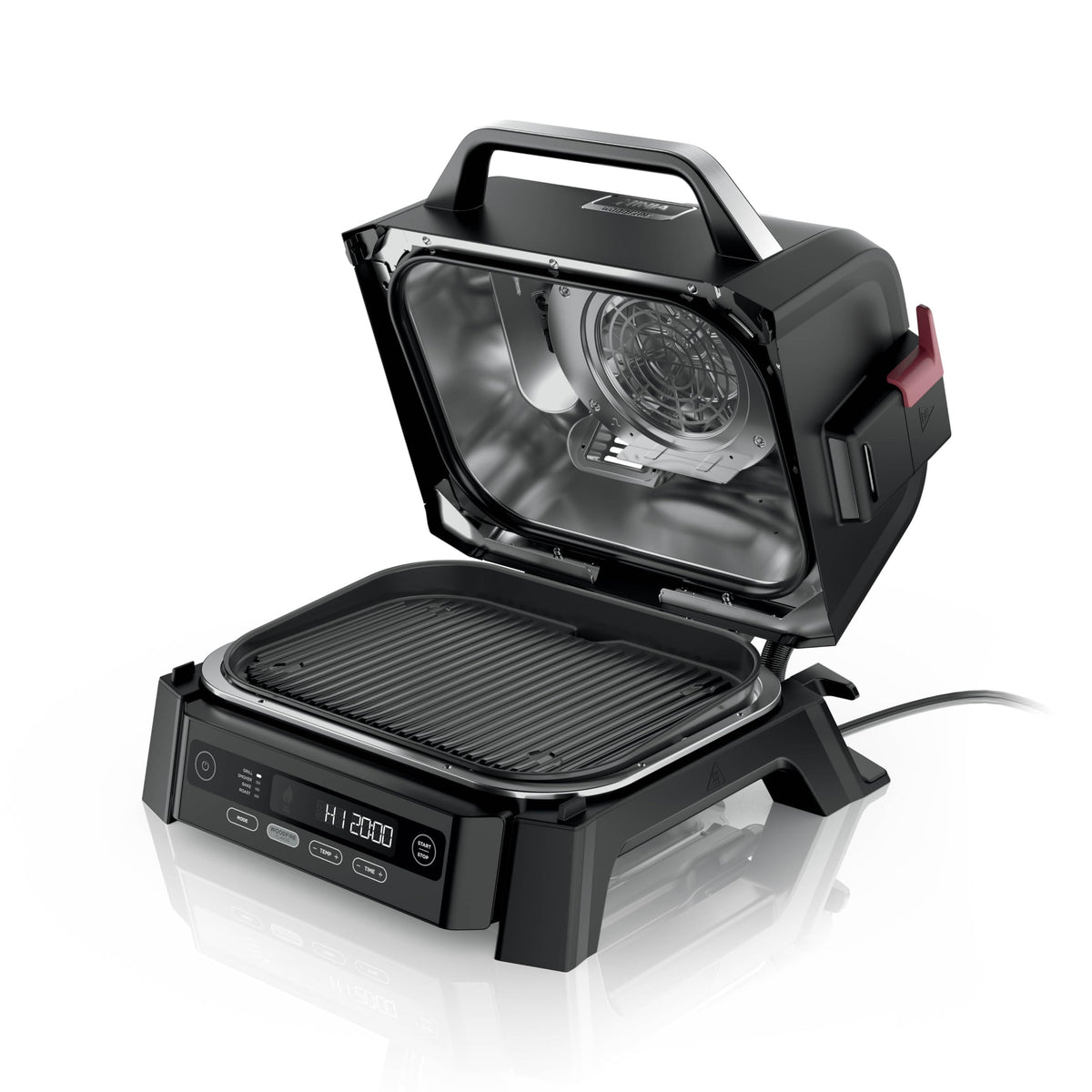Ninja woodfire front view showing compact outdoor grill and smoker, ideal for patios