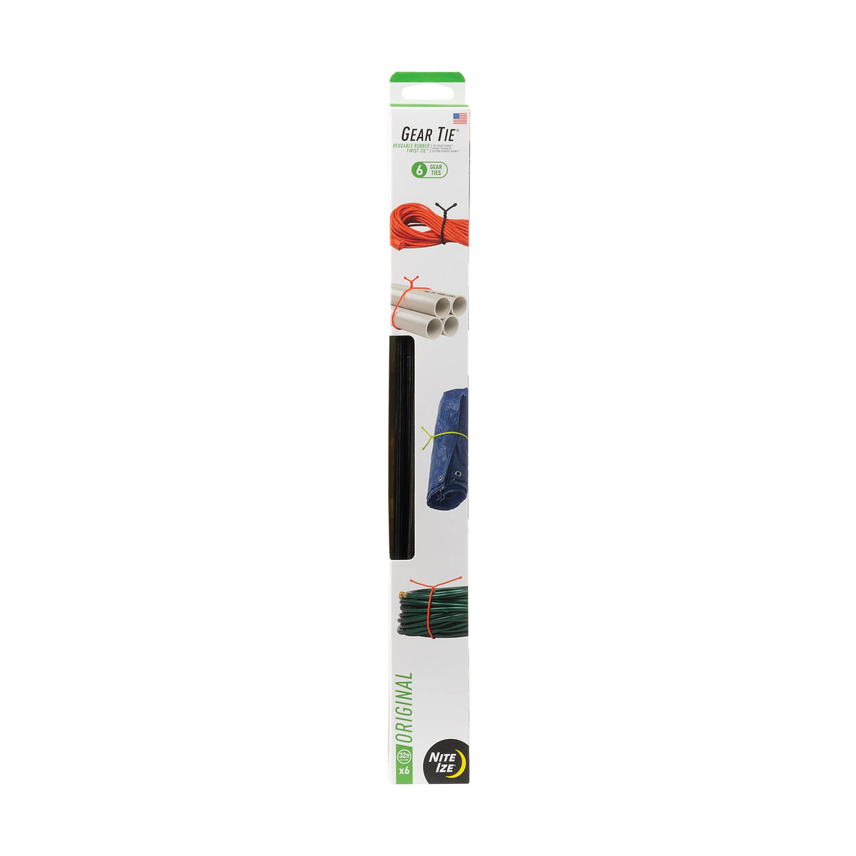 Nite Ize front packaging showing six 32-inch black gear ties, durable storage