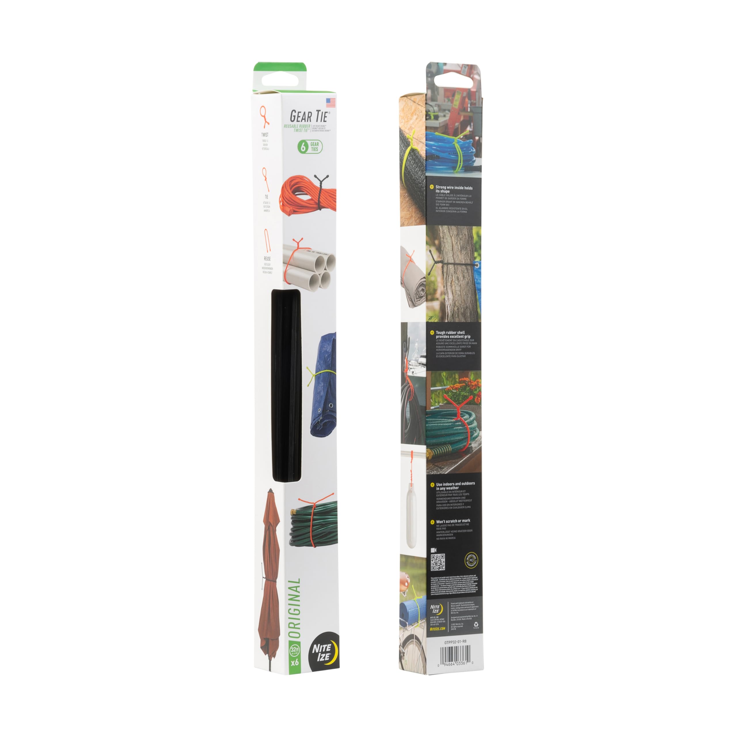 Nite Ize gear tie beside ruler showing 32-inch length and scale