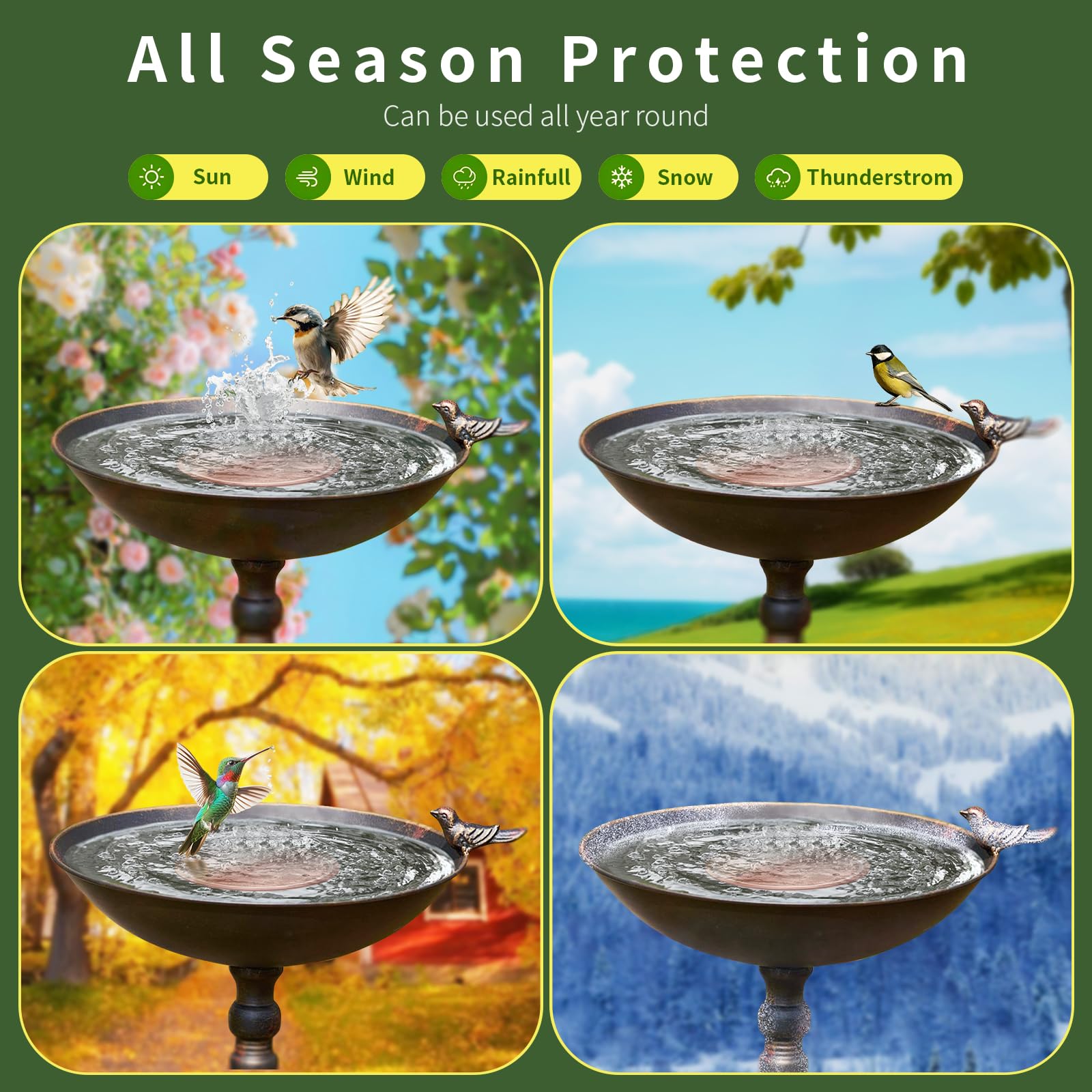 NOKOXIN disk installed in bird bath with birds nearby, supports clearer water access