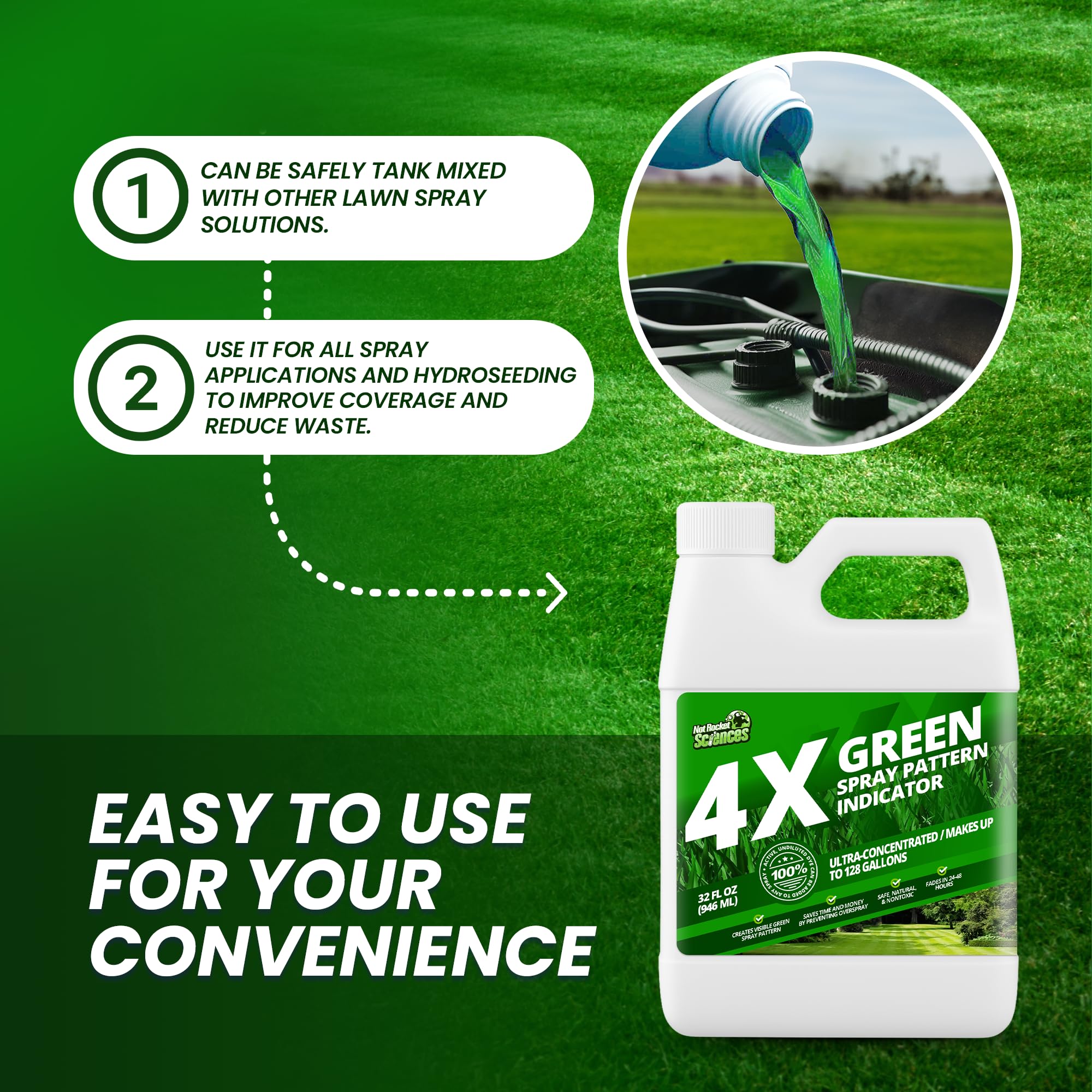 Not Rocket Sciences visible green spray pattern on turf demonstrating coverage and overlap reduction