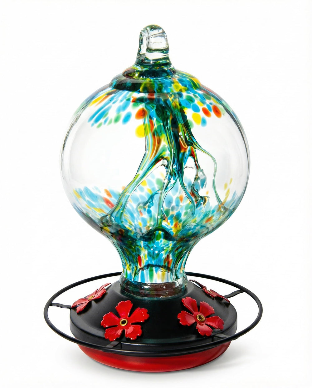 Novoto front view of feeder showing decorative glass attracting birds
