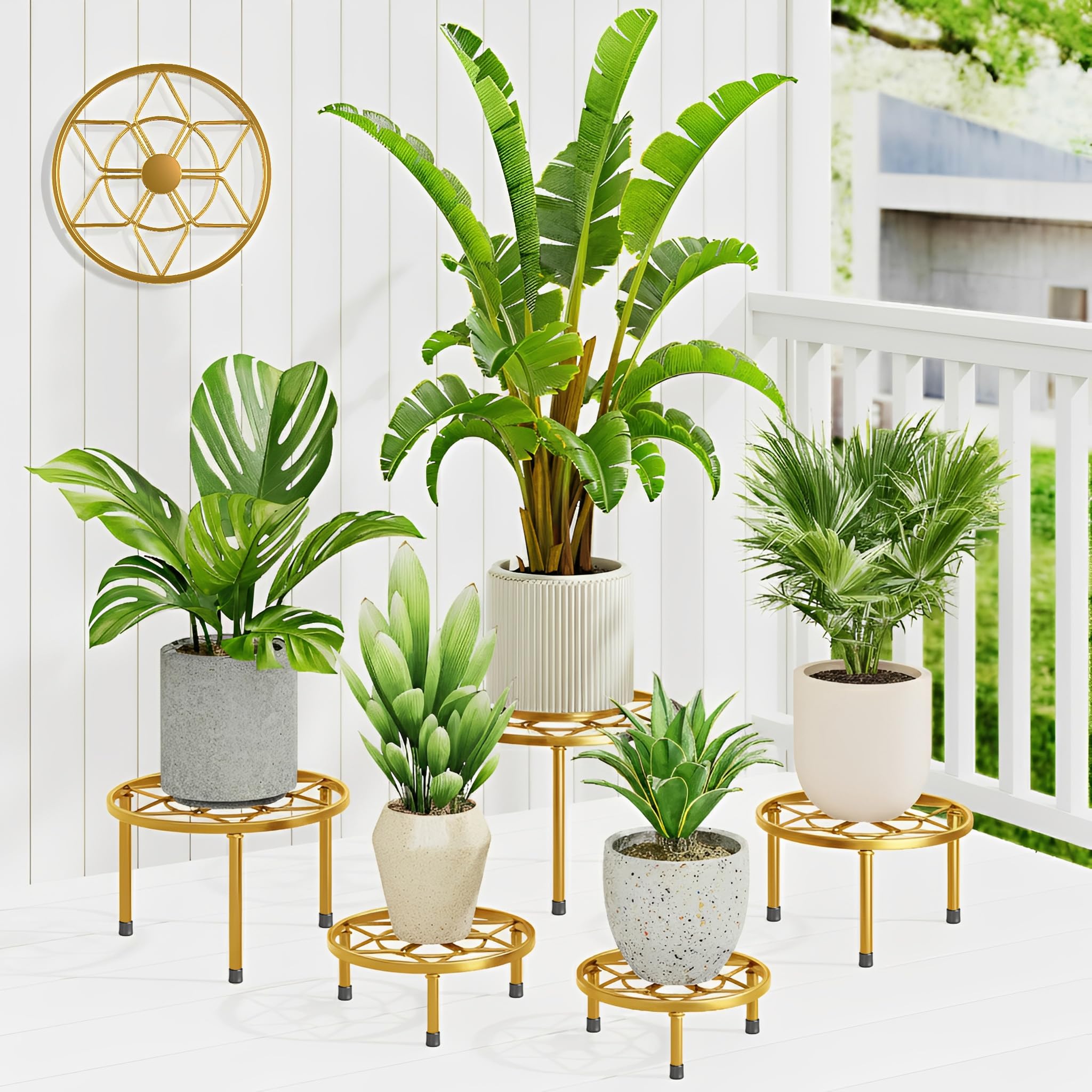 NQW gold plant risers front view showing five sizes and gold finish for elegant displays