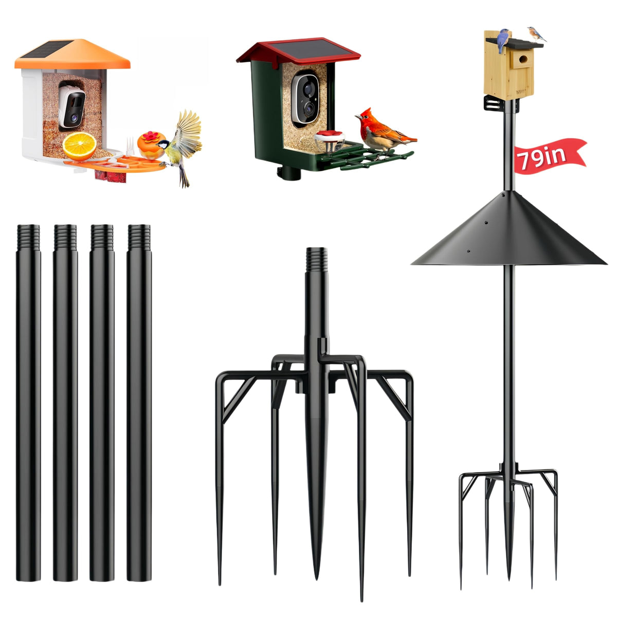 NSYOOMH pole front view showing full pole and baffle, highlights secure feeder placement