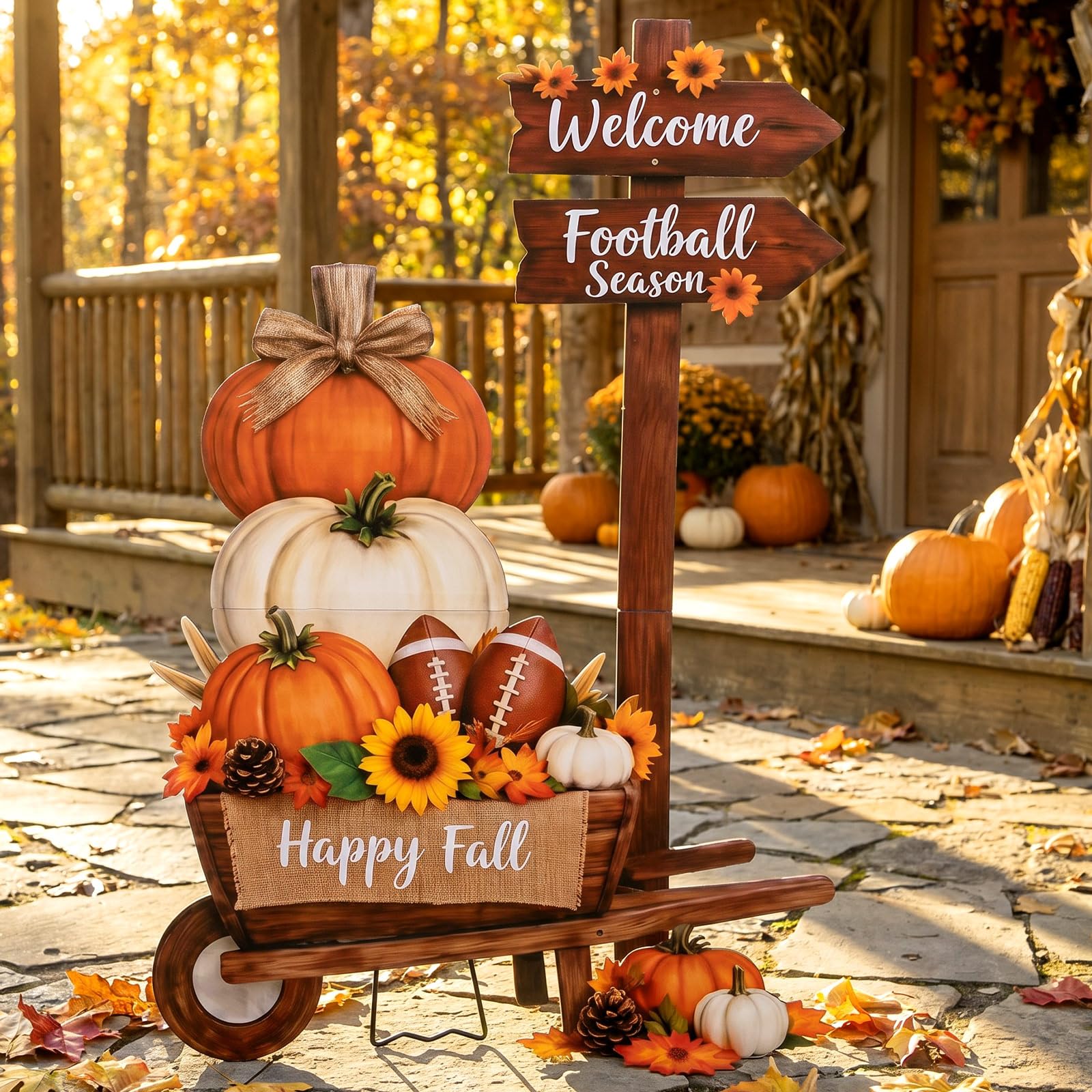 Nuanchu front wheelbarrow pumpkin display adding rustic curb appeal