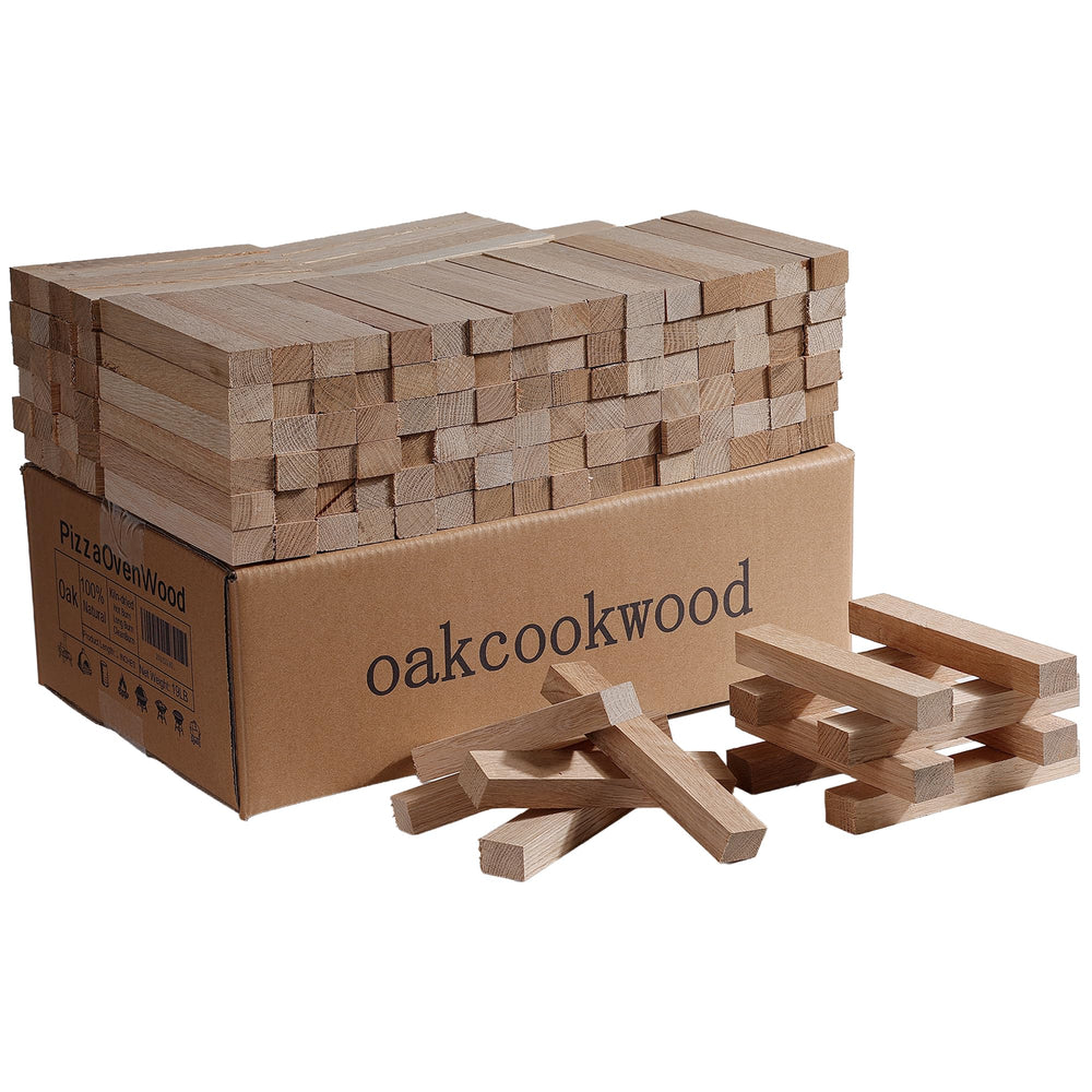 oakcookwood box of 19 lb oak logs showing packaging and neat stacked logs for easy storage