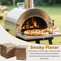 oakcookwood six-inch logs loaded in an Ooni fuel tray demonstrating perfect oven fit