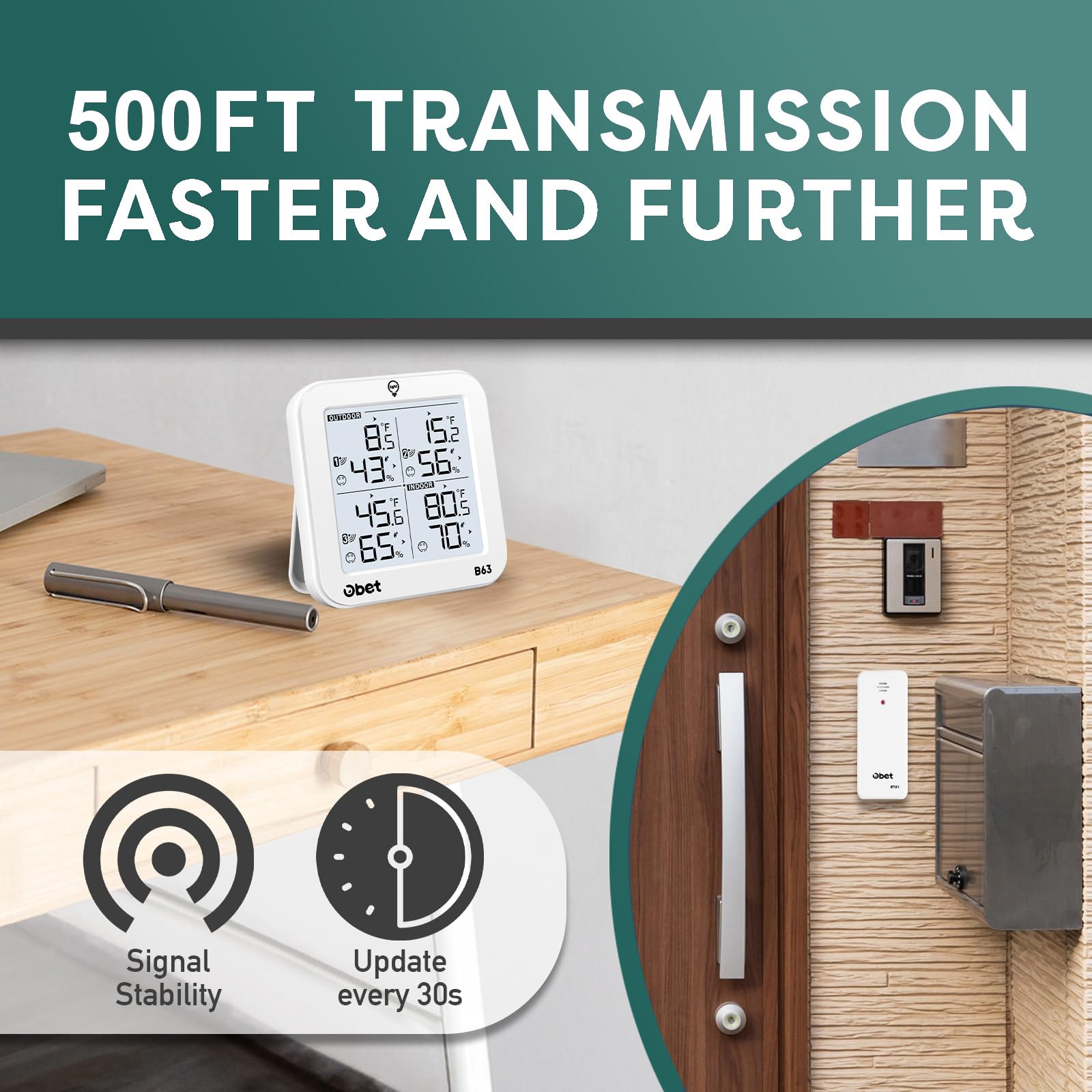 OBET weather station on a kitchen counter offering home comfort tracking