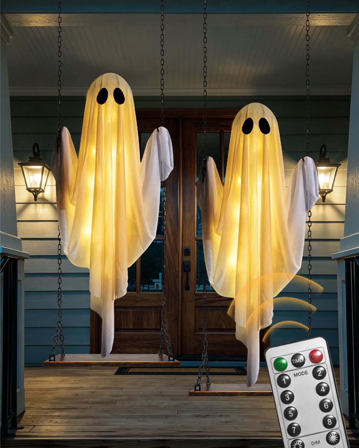 ODANXIA front view of two hanging ghosts showing warm glow for yard