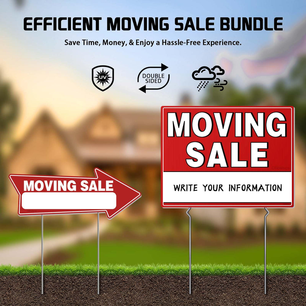 Ofibsisce double-sided moving sale board showing readable urgent messaging