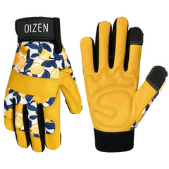 OIZEN front view of cowhide gardening gloves showing durable protection