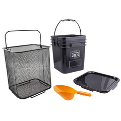 Oklahoma Joe's front view of pellet bucket showing airtight lid and handle for dry storage