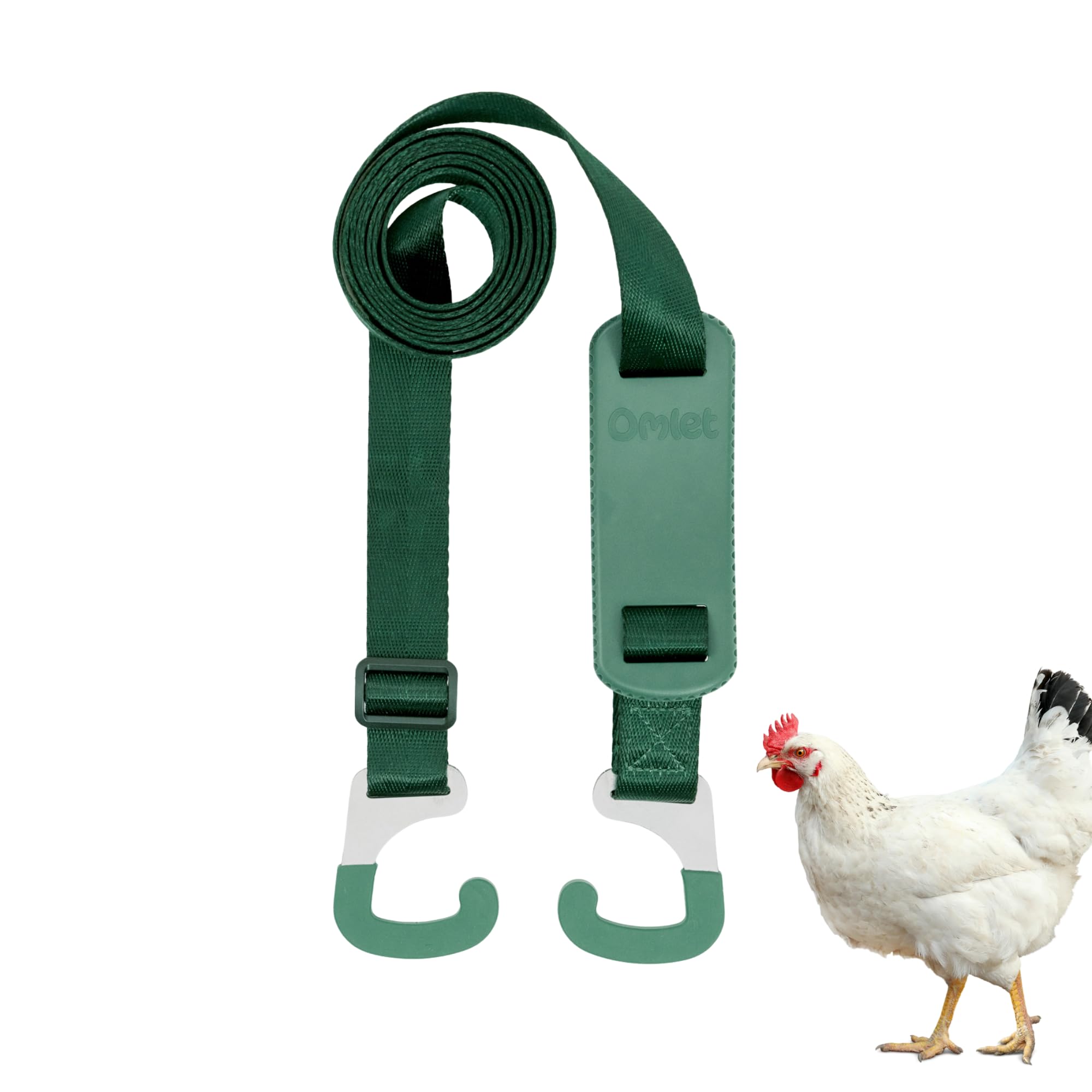 Omlet front view of hanger showing universal hook and strap, secures feeders