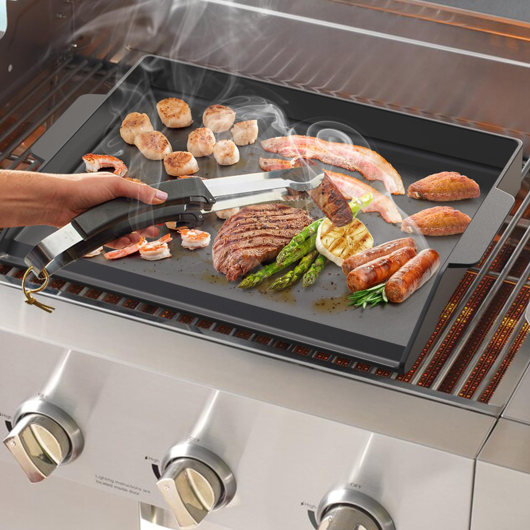 Onlyfire griddle seated on a 4-burner stovetop demonstrating fit and household use