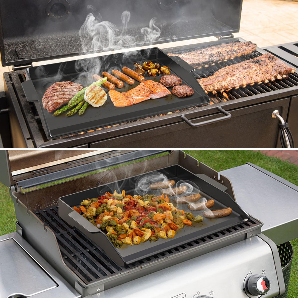 Onlyfire griddle next to spatula and plate to show scale and meal-prep convenience