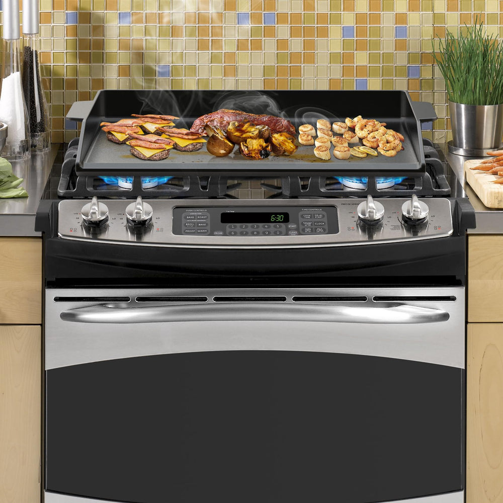 Onlyfire griddle served with pancakes and bacon showing capacity for large breakfasts
