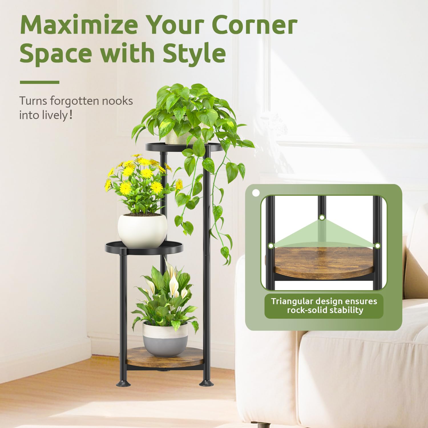 Oppro plant stand in use on balcony displaying several large pots and maximizing light