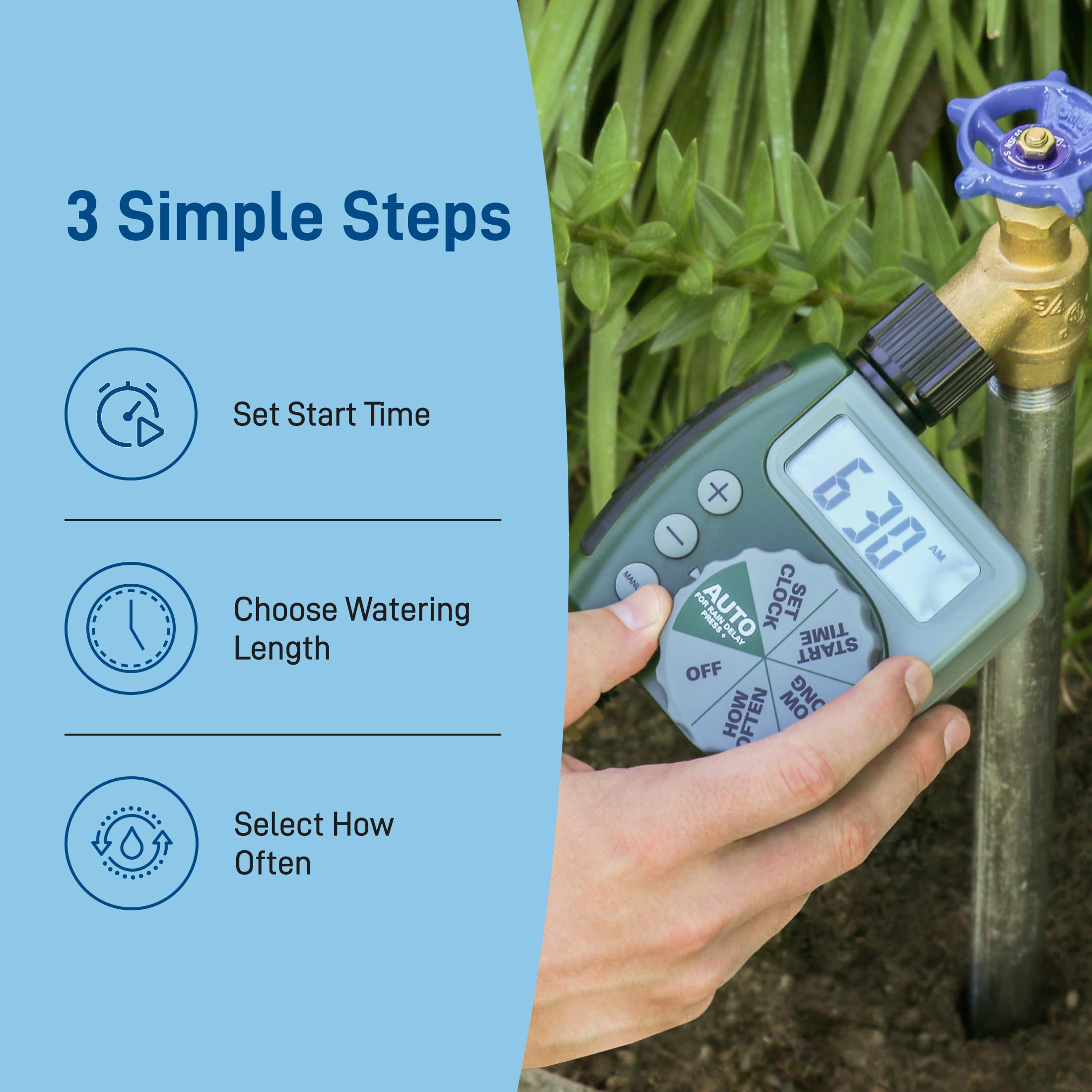 Orbit mounted on outdoor faucet demonstrating quick tool-free installation