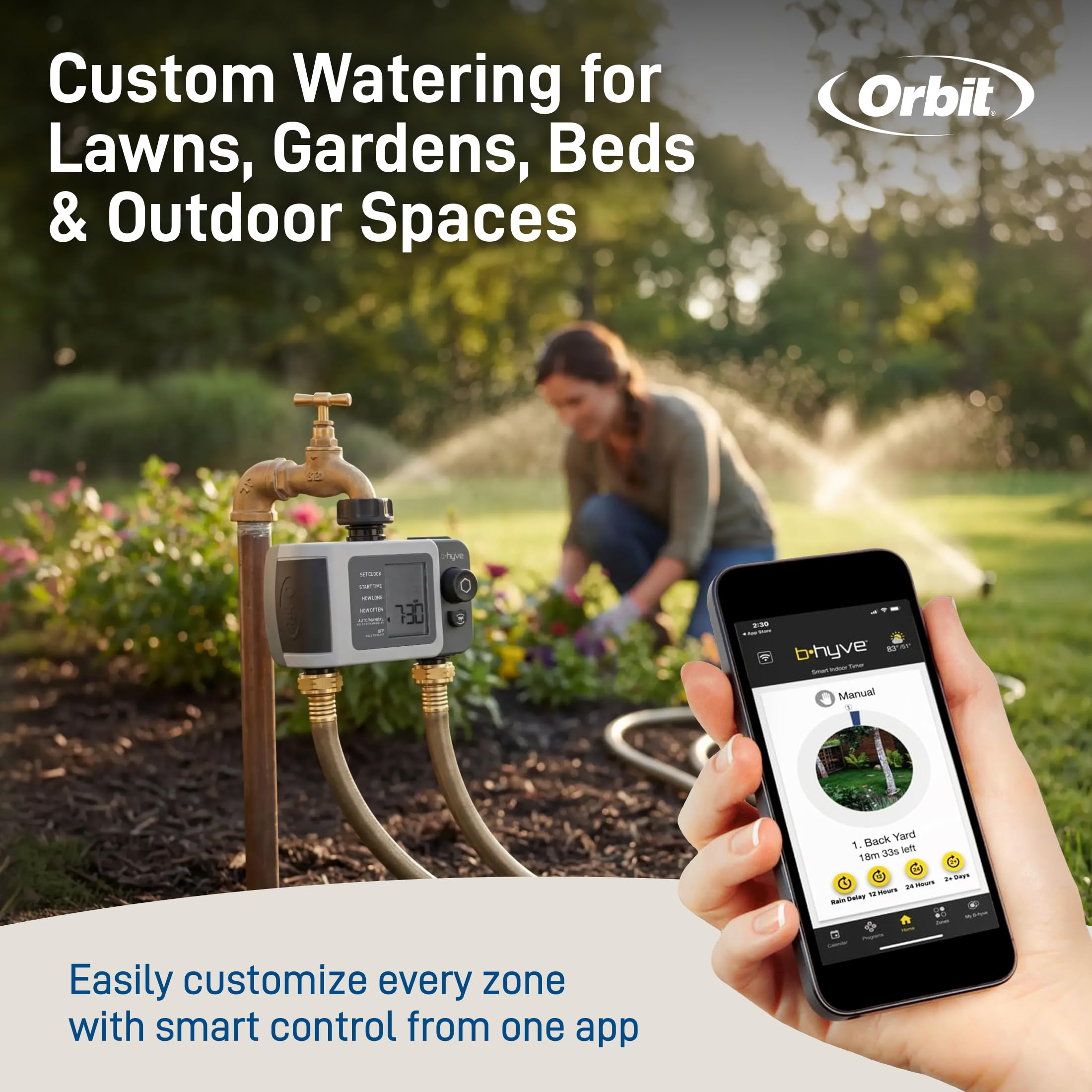 Orbit B-hyve XD in garden setting with flower beds illustrating targeted watering benefits