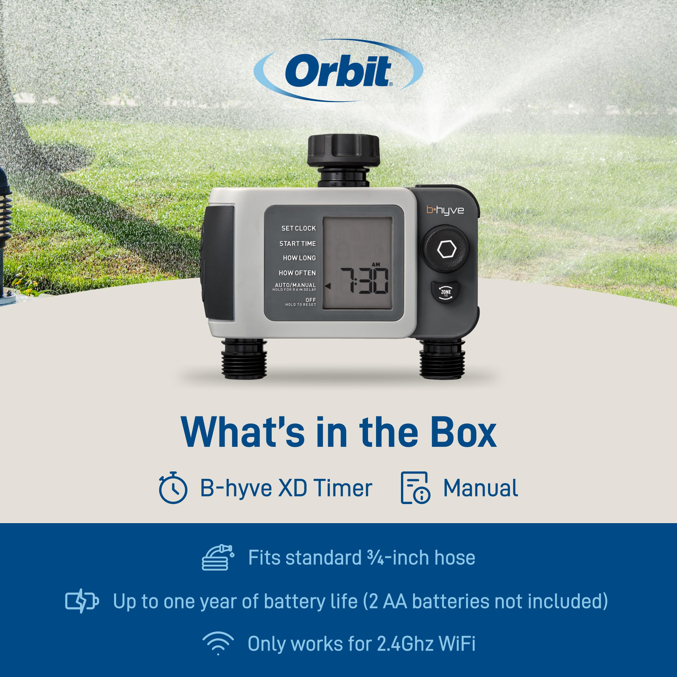 Orbit B-hyve XD packaging and manual showing included materials and quick-start guidance