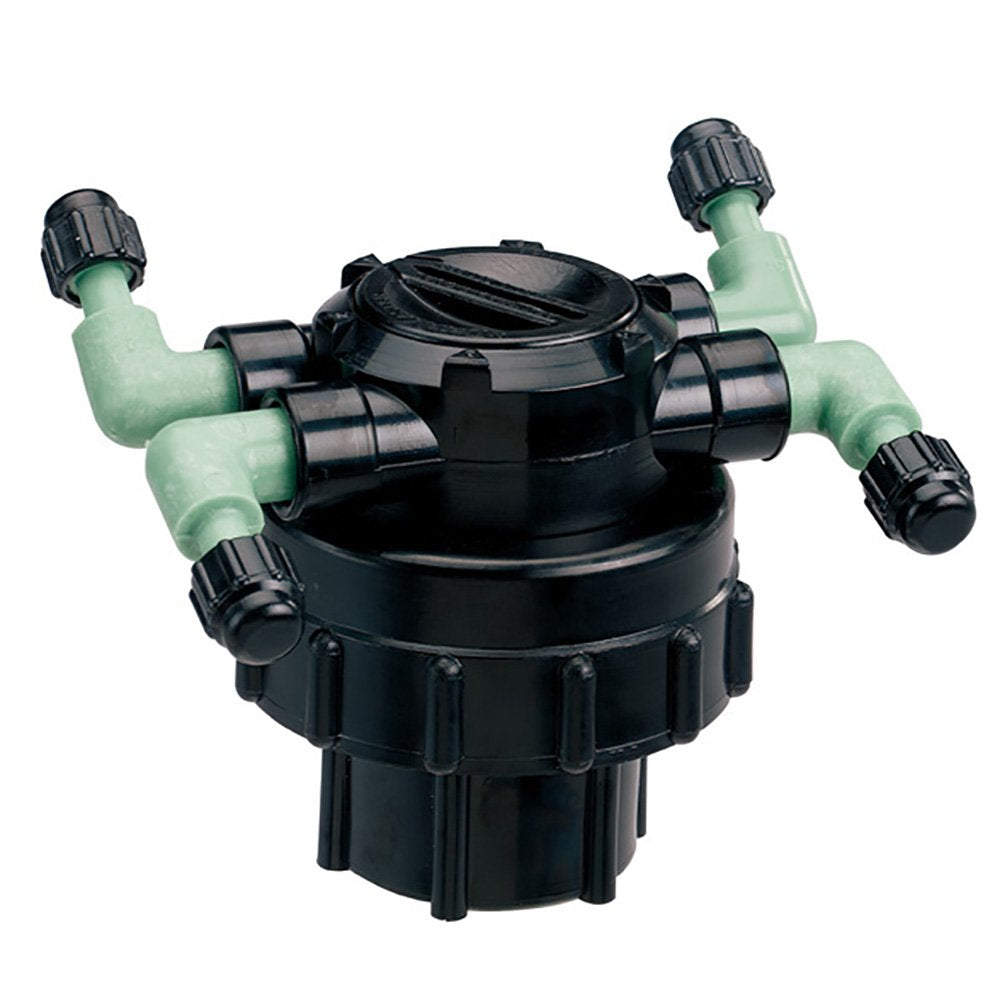Orbit manifold front view showing four 1/4" barbs and 1/2" MPT connection, durable splitter