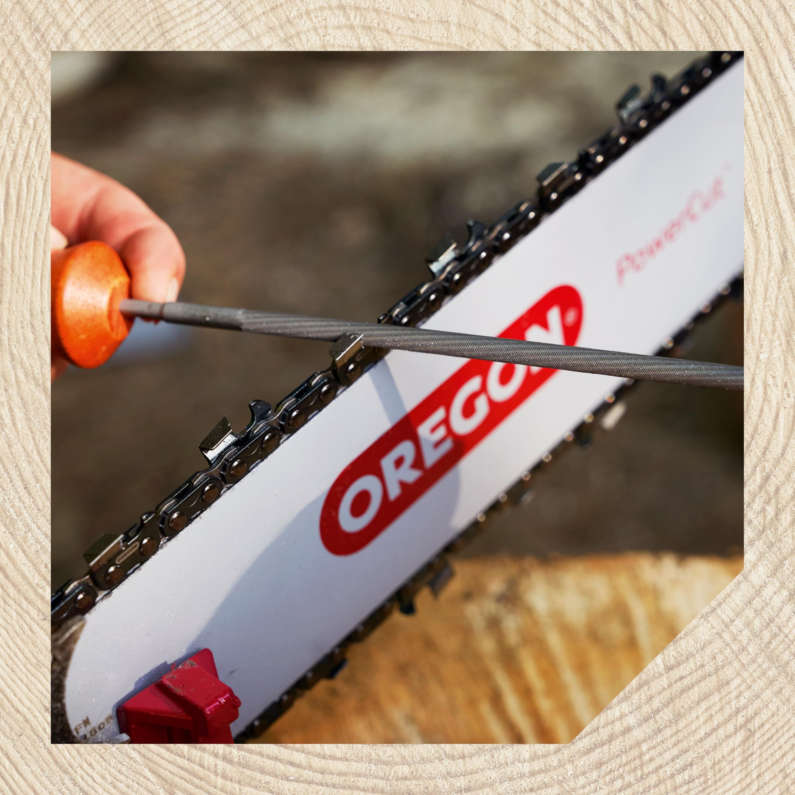 Oregon file sharpening a chainsaw chain, restores cutting performance