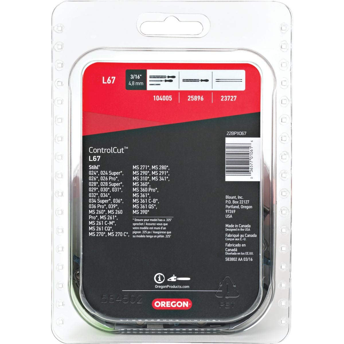 Oregon L67 close-up of Micro Chisel cutters, showing durable teeth for hardwood cutting