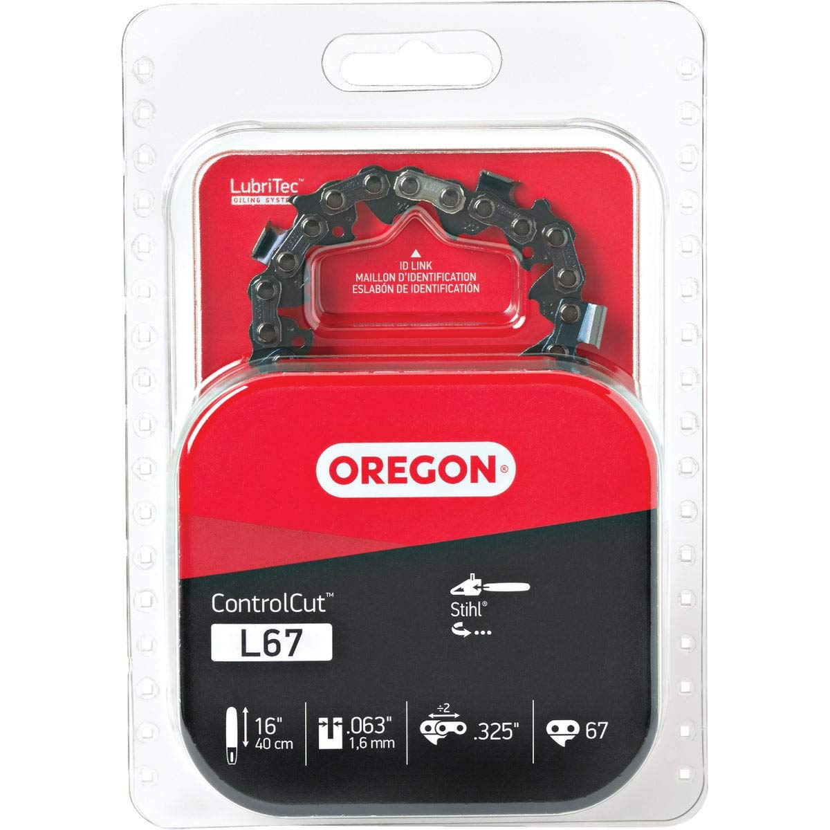 Oregon L67 front view showing chain and packaging, clear fit information for buyers