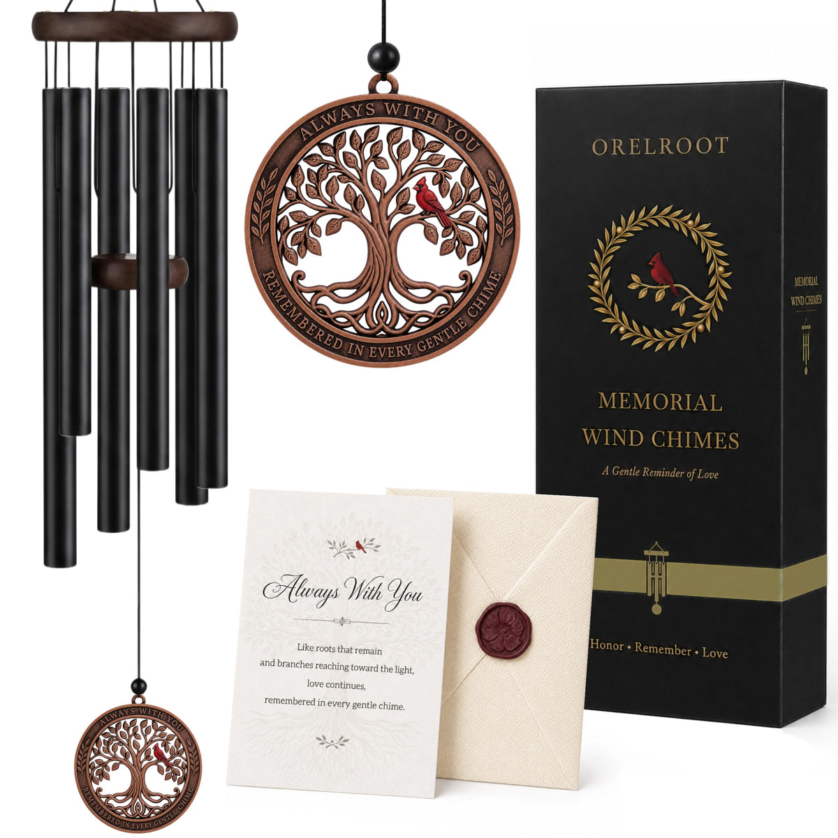 Orelroot front packaging showing elegant gift box and chime, ideal for sympathy gifting