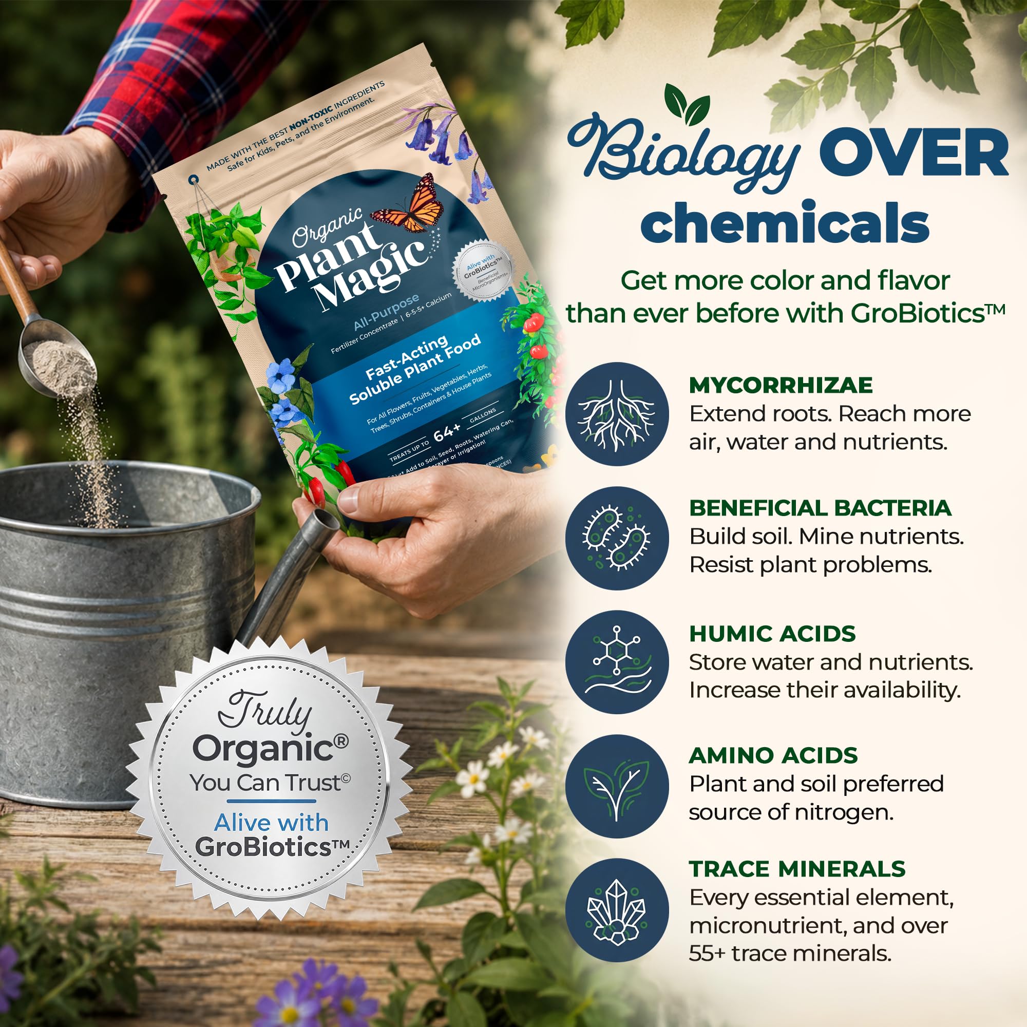 Organic Plant Magic 1 lb bag held in hands to show compact size