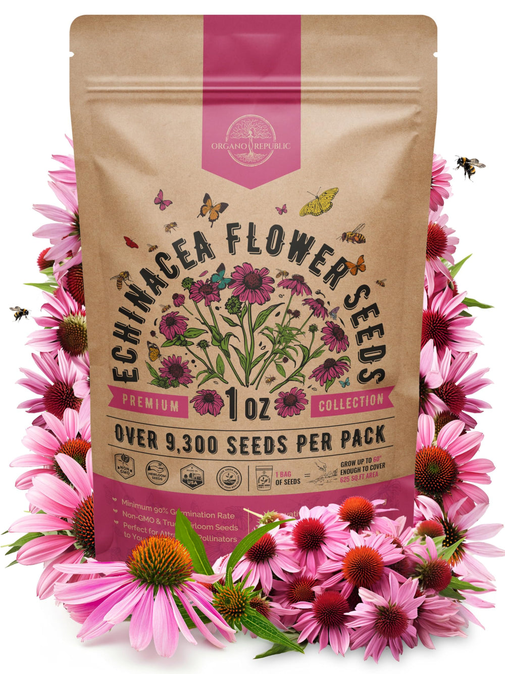 Organo Republic front packet showing resealable bag and seed count benefit