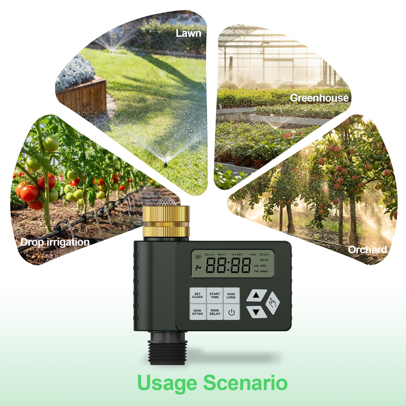 Ortis timer attached to garden hose in yard for hands-free irrigation benefit